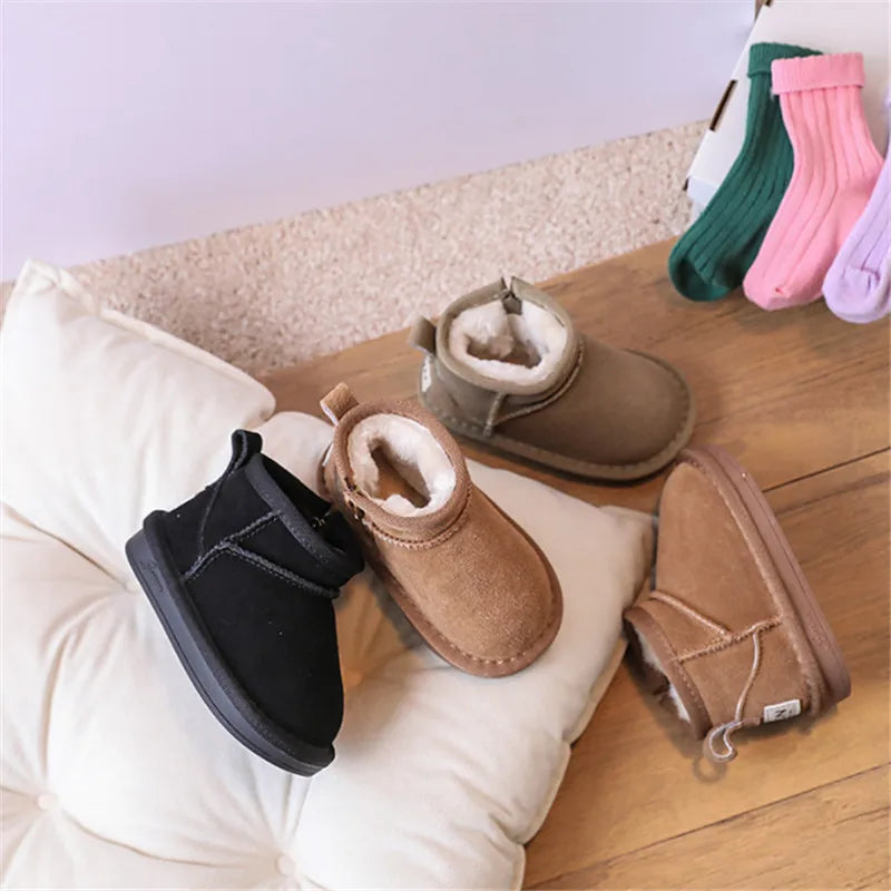 Toddler Plush Winter Booties with Contrast Stitching and Rear Pull Tabs, Camel, Black or Army Green Short Boots for Boys and Girls, Sizes 18-25