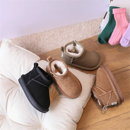 Toddler Plush Winter Booties with Contrast Stitching and Rear Pull Tabs, Camel, Black or Army Green Short Boots for Boys and Girls, Sizes 18-25