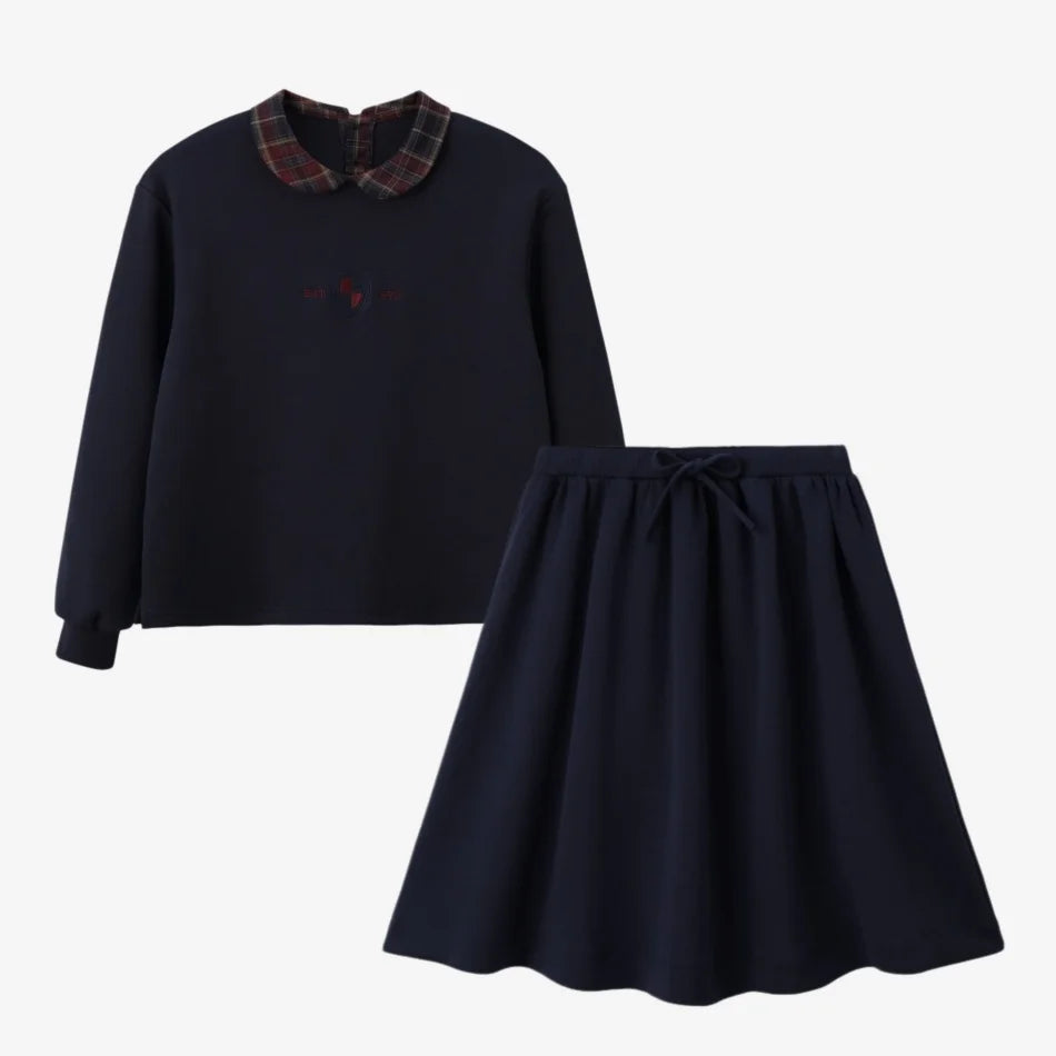 Kids Matching Varsity Outfits, Navy Embroidered Tops, Denim Skirts and Dresses for Babies, Boys and Girls, Sibling Photos and Fall Layering