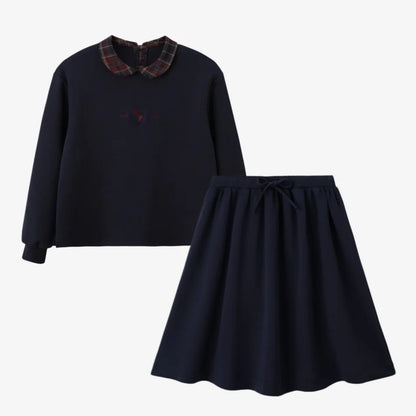 Kids Matching Varsity Outfits, Navy Embroidered Tops, Denim Skirts and Dresses for Babies, Boys and Girls, Sibling Photos and Fall Layering