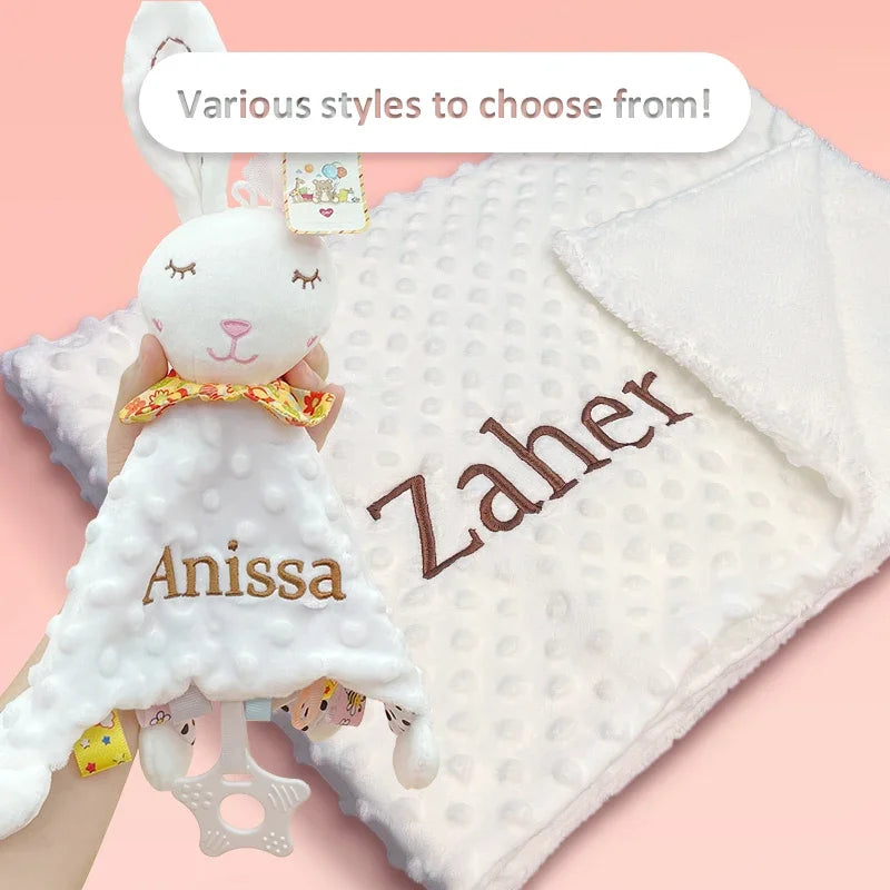 Embroidered Name Baby Blanket and Animal Comforter Options, Personalized Minky Bubble-Texture Keepsake with Single-Item and Two-Piece Gift Choices