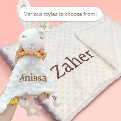 Embroidered Name Baby Blanket and Animal Comforter Options, Personalized Minky Bubble-Texture Keepsake with Single-Item and Two-Piece Gift Choices