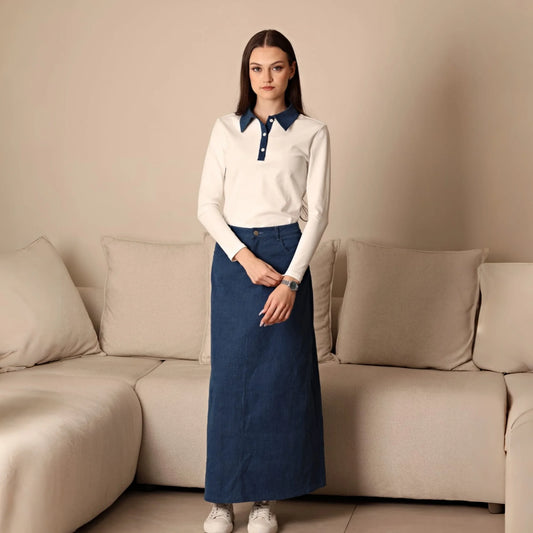 Women’s Long-Sleeve Polo Shirts and Denim Maxi Skirt Options, Contrast or Striped Collar Tops with Blue and Black Long Skirt Styles