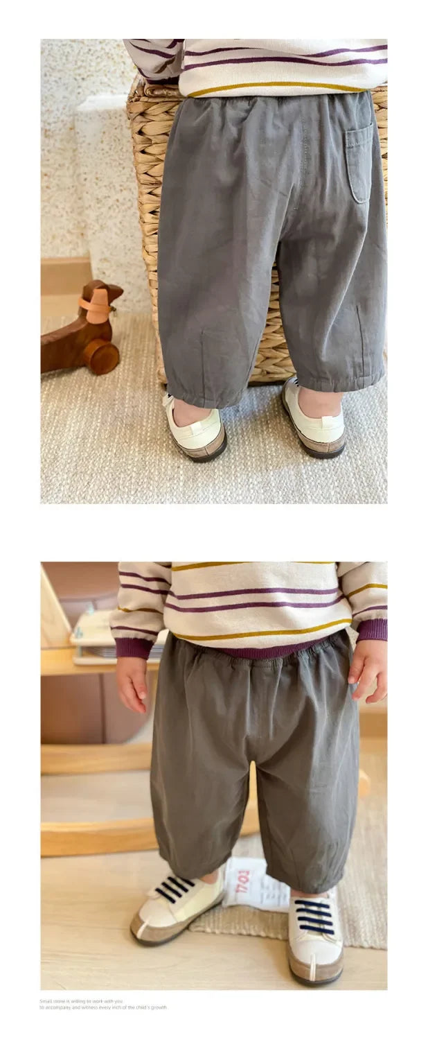 Toddler Pull-On Pants with Elastic Waist and Back Pocket, Solid Color Loose Ankle-Length Trousers for Boys and Girls, Sizes 12M-5T