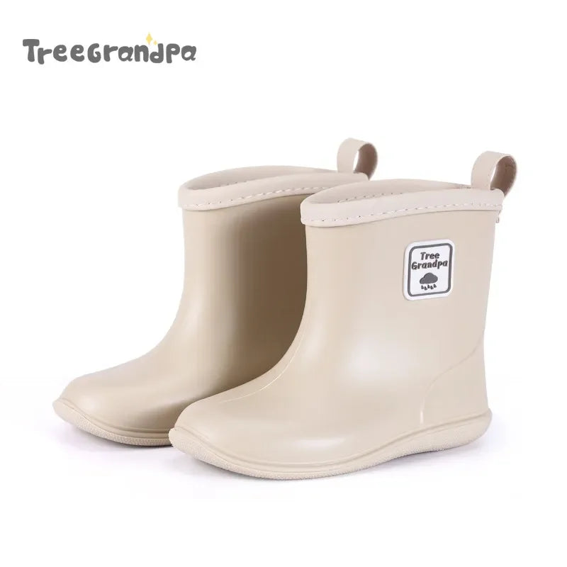 Solid Color Kids Rain Boots in PVC with Rear Pull Tabs, Mid-Calf Pull-On Rainy-Day Shoes for Boys and Girls, Eight Colors and Listed Sizes 5-12