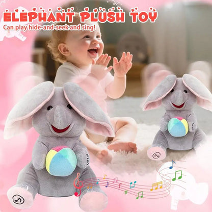Peekaboo Singing Elephant Plush Toy, 25 cm Gray Interactive Musical Stuffed Animal with Moving Ears for Supervised Toddler Play Over 12 Months