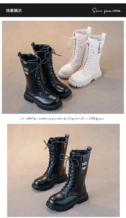 Girls Buckle Detail Tall Boots with Lace-Up Front and Side Zippers, Chunky Lug-Style Soles and Round Toes for Casual Fall Outfits
