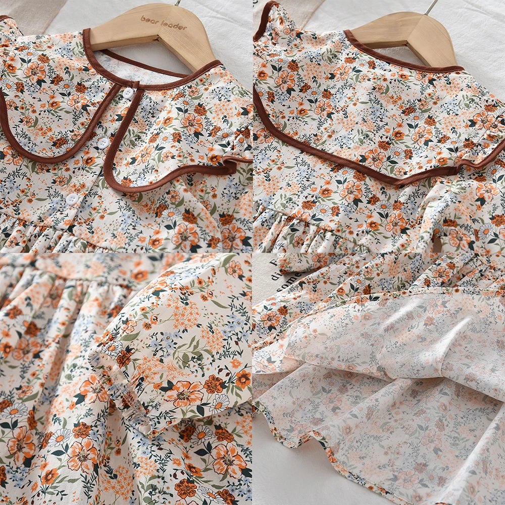 Toddler Girls Floral Dress with Oversized Collar and Long Sleeves, Bear Leader Outfit in Sizes 2T–6T for Spring, Fall and Family Photos