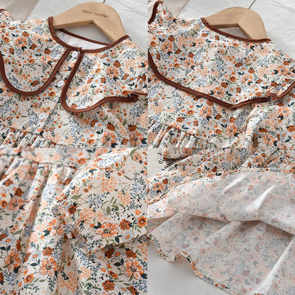Toddler Girls Floral Dress with Oversized Collar and Long Sleeves, Bear Leader Outfit in Sizes 2T–6T for Spring, Fall and Family Photos