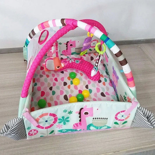 Raised-Side Baby Activity Gym with Animal Prints and Hanging Toys, 111 x 100 x 54 cm Floor Play Mat in Green or Pink for Supervised Discovery