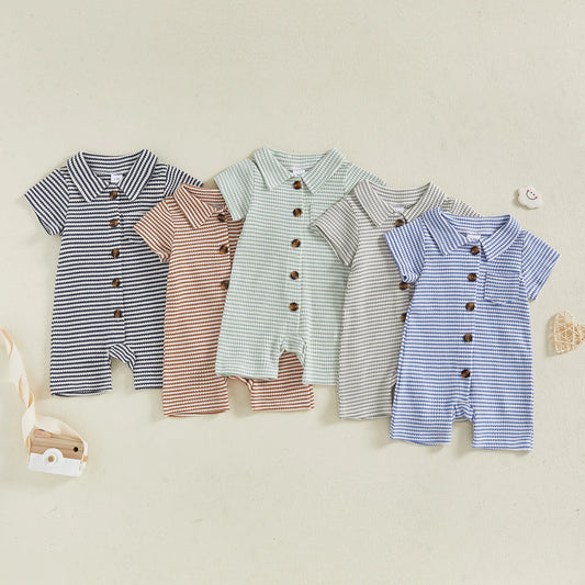Baby Boys Striped Summer Romper with Short Sleeves, Turn-Down Collar and Button Front, Cotton Blend One-Piece Outfit for 0-24 Months