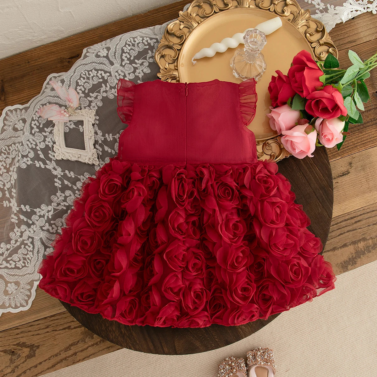 Rosette Baby Girl Party Dress with Large Front Bow and Ruffled Shoulders, Pink or Red Sleeveless Outfit for First Birthdays and Wedding Photos