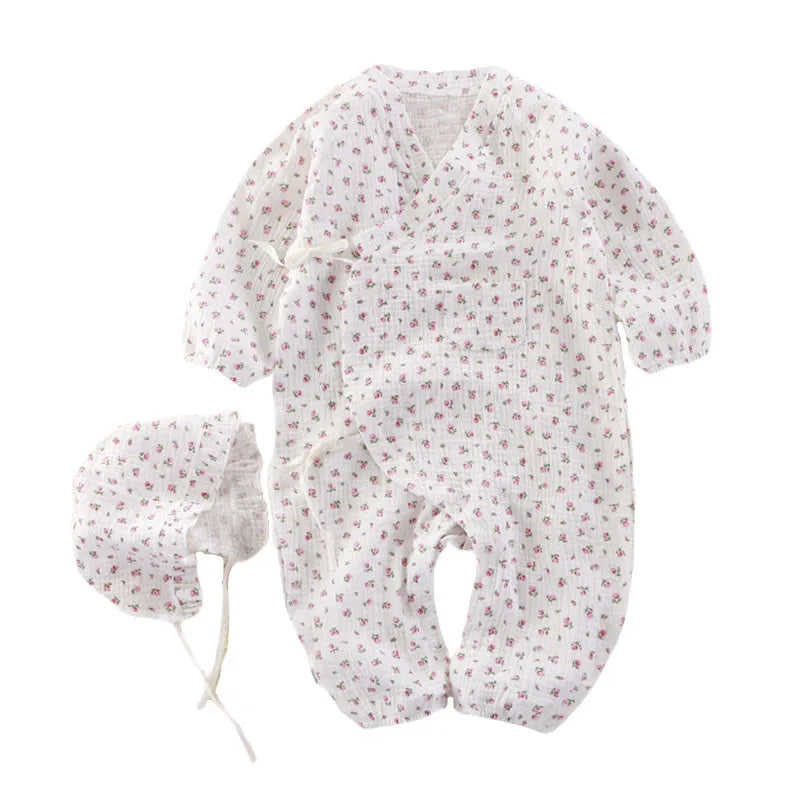 Muslin Cotton Baby Kimono Romper with Side Ties and Leg Snaps, Long Sleeve Printed Footless Jumpsuit for Boys and Girls, 0-24 Months