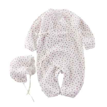 Muslin Cotton Baby Kimono Romper with Side Ties and Leg Snaps, Long Sleeve Printed Footless Jumpsuit for Boys and Girls, 0-24 Months