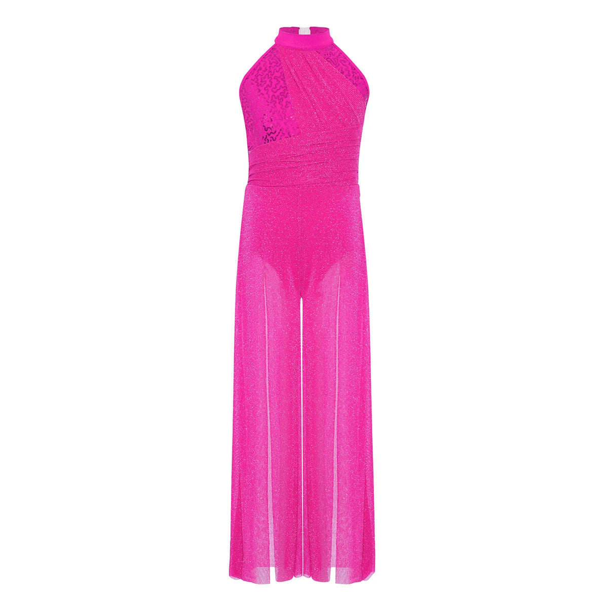 Girls Sequin Dance Jumpsuit with Split Wide-Leg Mesh, Sleeveless Mock Neck and Crisscross Back for Lyrical Recitals and Stage Performances