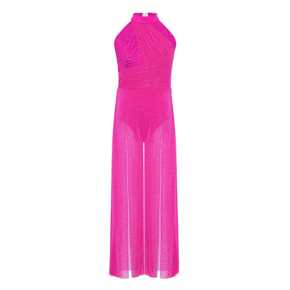 Girls Sequin Dance Jumpsuit with Split Wide-Leg Mesh, Sleeveless Mock Neck and Crisscross Back for Lyrical Recitals and Stage Performances