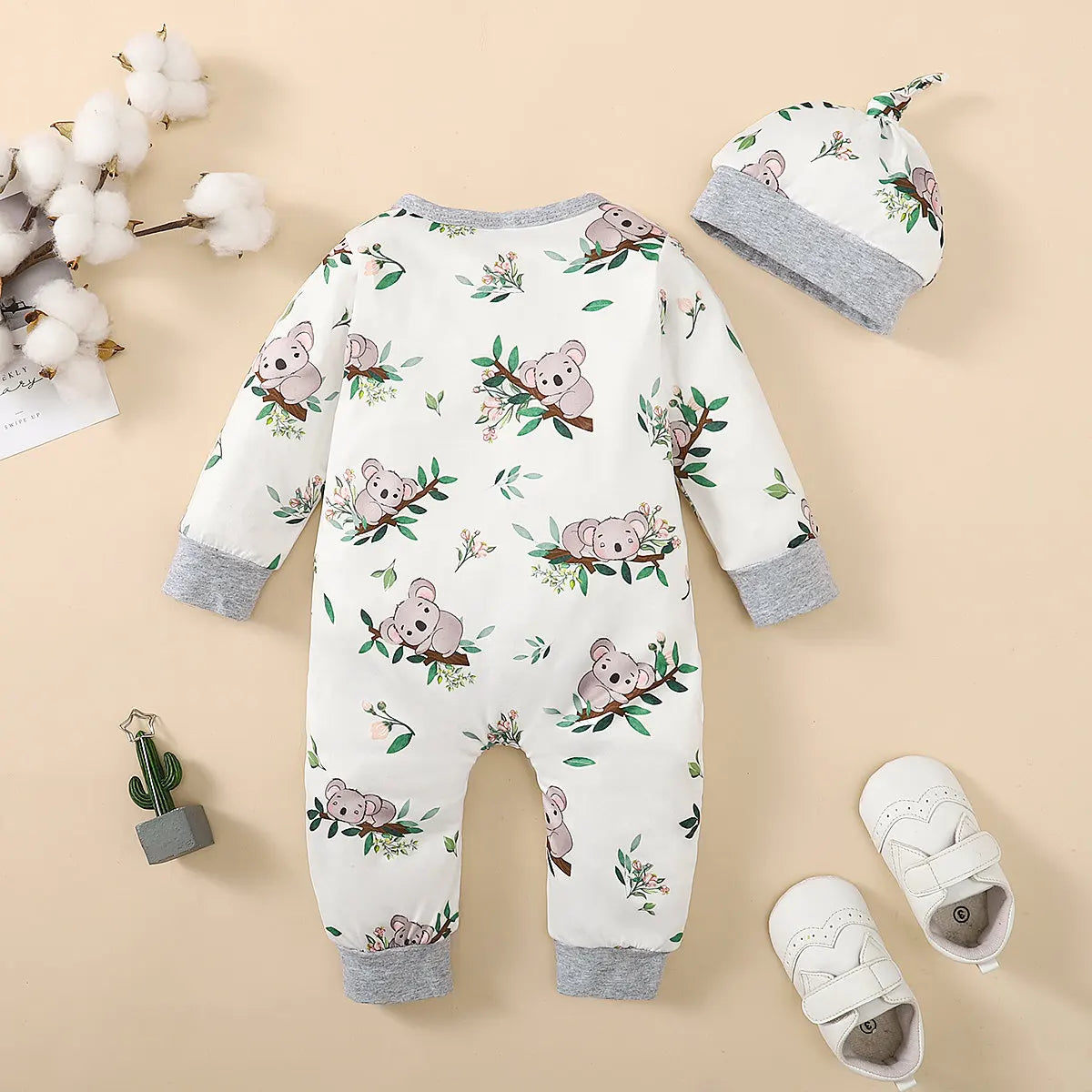 Bear Print Infant Romper with Long Sleeves and Front Fastenings, Contrast Trim and Footless Cuffs for Everyday Baby Outfits, Sizes 1-18 Months