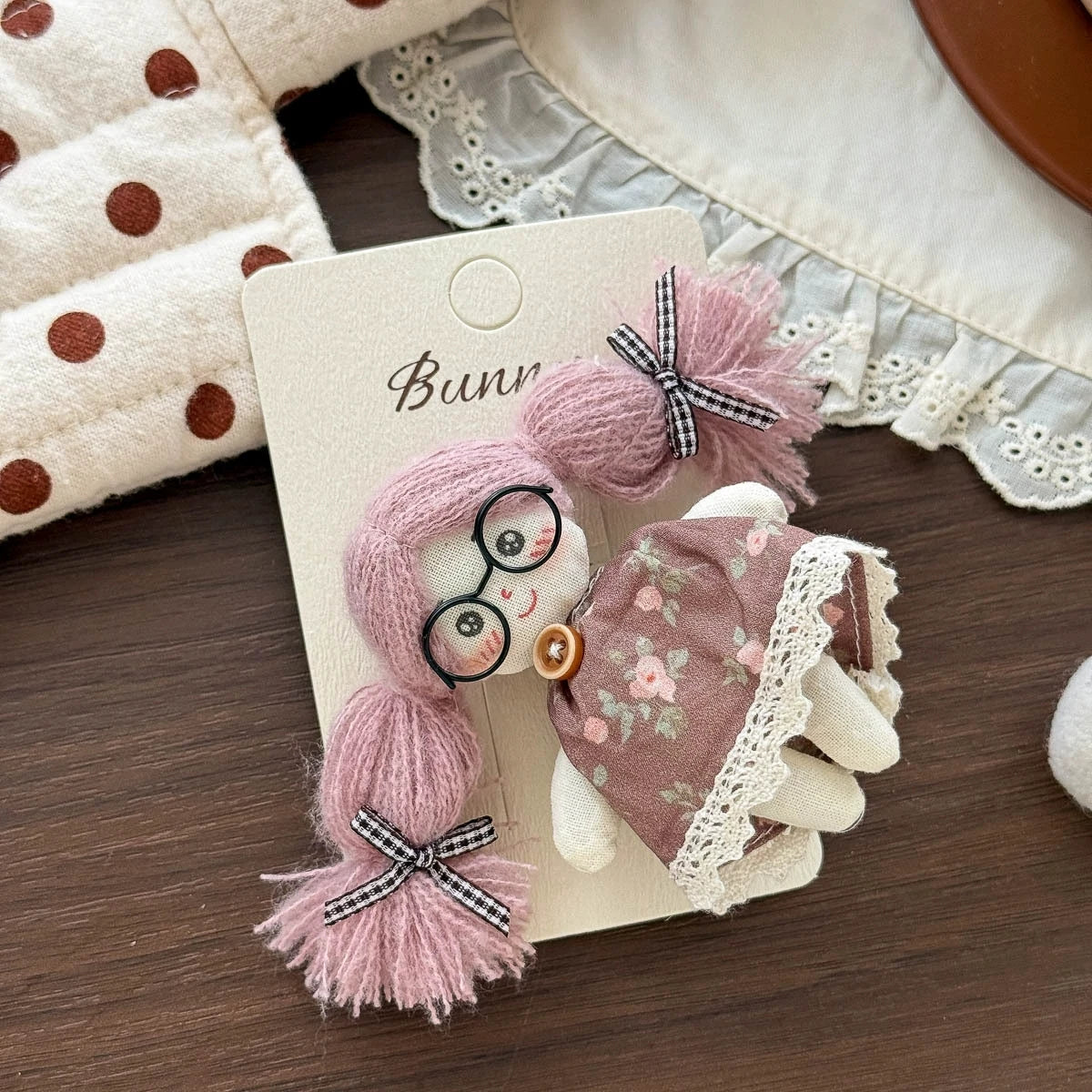 Doll Hair Accessories for Girls, Handmade Cotton Character Hair Clip or Elastic Hair Tie with Floral Dress and Colorful Pigtail Details