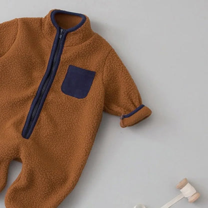 Zip Front Baby Fleece Romper by MILANCEL with Contrast Chest Pocket, Long Sleeve Footless One-Piece Outerwear in Brown, Beige and Green, 3-24M