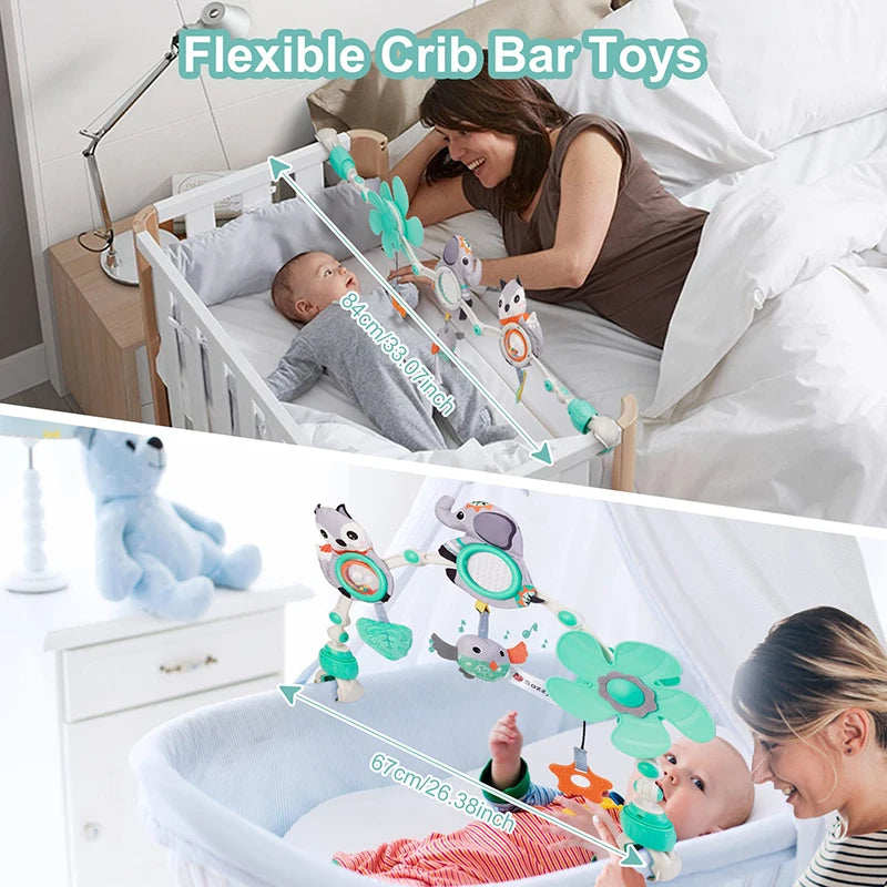 Musical Baby Toy Arch with Animal Rattle, Mirror and Spinning Windmill, Foldable Clip-On Sensory Activity Bar for Compatible Strollers