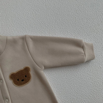 Baby Hooded Snap Front Jumpsuit with Bear Patch, Long Sleeve One-Piece Outfit in Coffee or Beige for Boys and Girls, Sizes 3M-18M