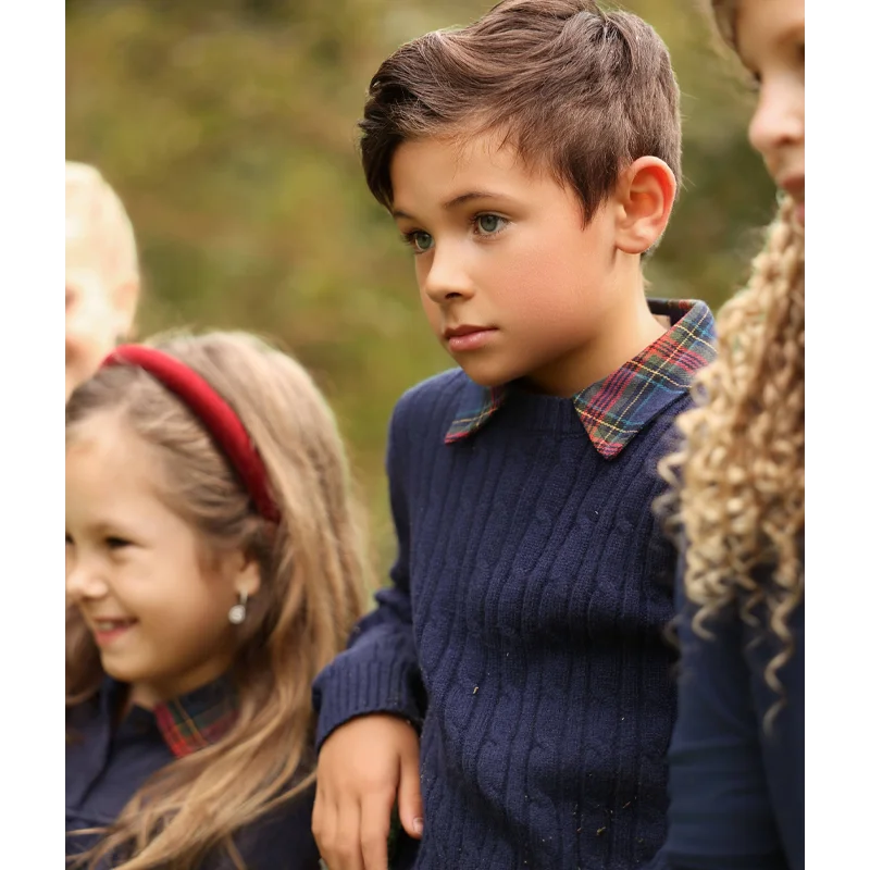 Navy Tartan Sibling Matching Outfits, 100% Cotton Plaid Jumper Dresses, Teen Skirts, Baby Rompers and Coordinating Boys and Girls Tops