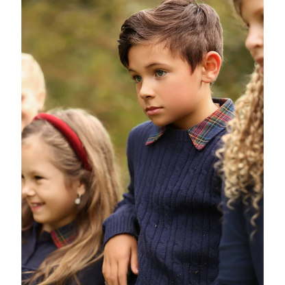 Navy Tartan Sibling Matching Outfits, 100% Cotton Plaid Jumper Dresses, Teen Skirts, Baby Rompers and Coordinating Boys and Girls Tops