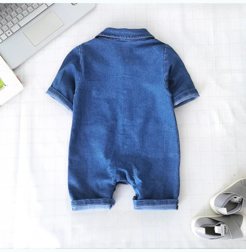 Collared Baby Denim Romper by IENENS with Chest Pockets and Snap Fastenings, Blue Long Sleeve One-Piece Outfit for Boys and Girls in 0-18M Sizes