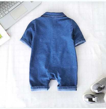 Collared Baby Denim Romper by IENENS with Chest Pockets and Snap Fastenings, Blue Long Sleeve One-Piece Outfit for Boys and Girls in 0-18M Sizes