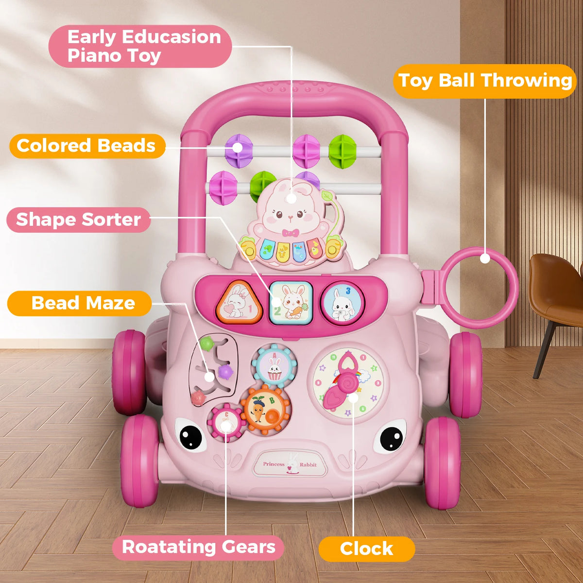 Musical Toddler Push Walker with Animal Activity Panel, Wheeled Handle Toy for Ages 18 Months and Up in Rabbit, Lion, Unicorn, Frog and Spider Styles