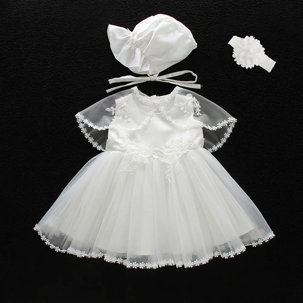 Baby Baptism Gown for Girls with Long Sleeves, Lace Details and Cotton Lining, Dress and Cap Set for Christening and First Birthday Photos