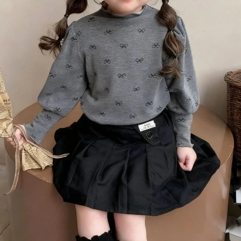 Girls High Neck Long Sleeve Shirt with Allover Bow Print, Beige or Gray Layering Top for Everyday Fall and Winter Outfits and Family Gatherings