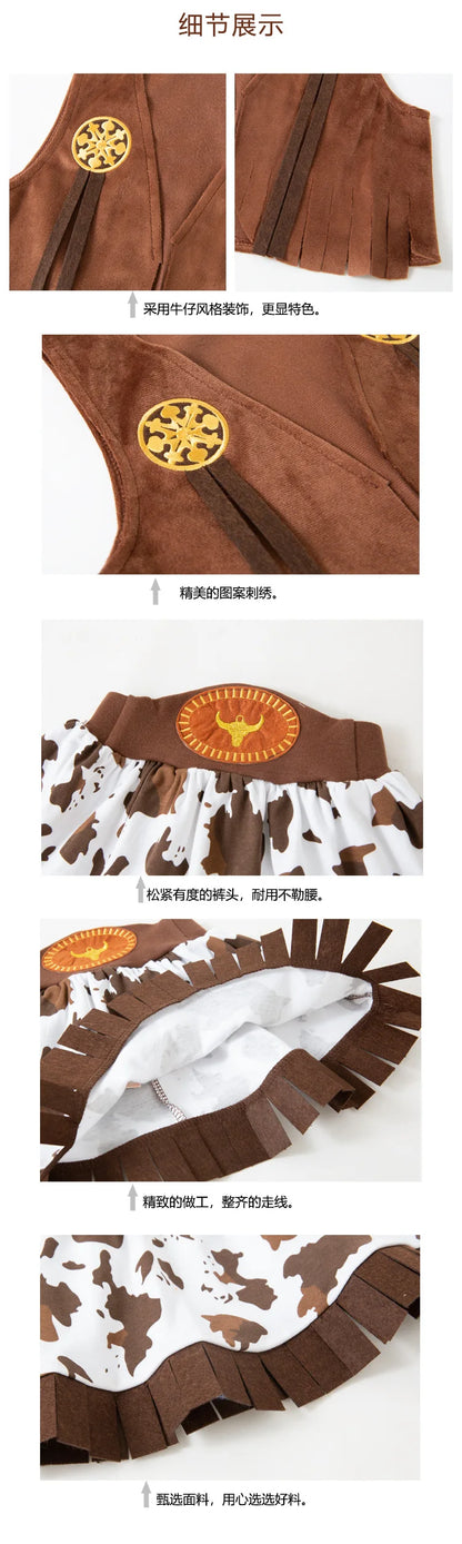 Girls Cowgirl Costume Set with Brown Fringe Vest, Cow-Print Skirt, Hat and Bandana, Western Dress-Up Outfit for Halloween and Birthday Parties