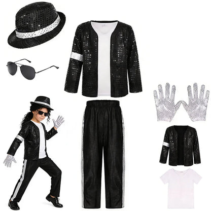 Kids Pop Star Costume with Black Sequin Jacket and Pants Set Options, Retro Dance Performance Outfit for Halloween and Parties, Sizes S-XL