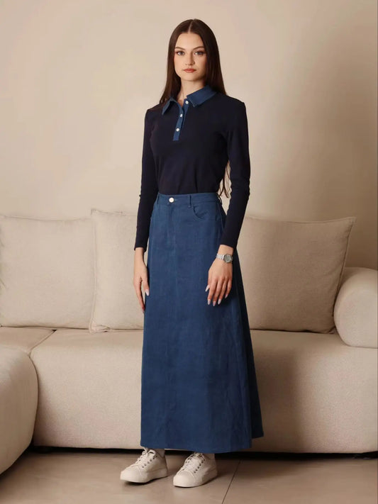 Women’s Long-Sleeve Polo Shirts and Denim Maxi Skirt Options, Contrast or Striped Collar Tops with Blue and Black Long Skirt Styles