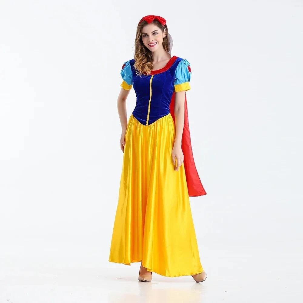 Snow White Costume for Women with Blue Bodice, Yellow Long Skirt and Puff Sleeves, Adult Princess Dress for Halloween and Fairy Tale Cosplay