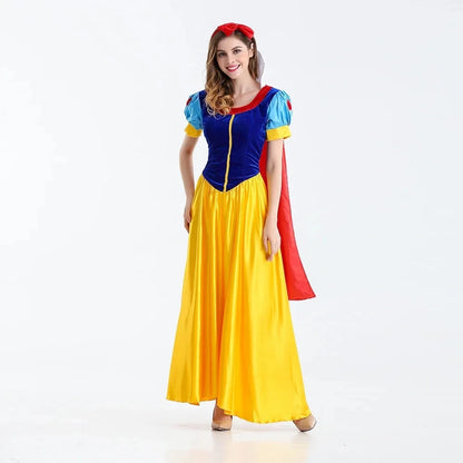 Snow White Costume for Women with Blue Bodice, Yellow Long Skirt and Puff Sleeves, Adult Princess Dress for Halloween and Fairy Tale Cosplay