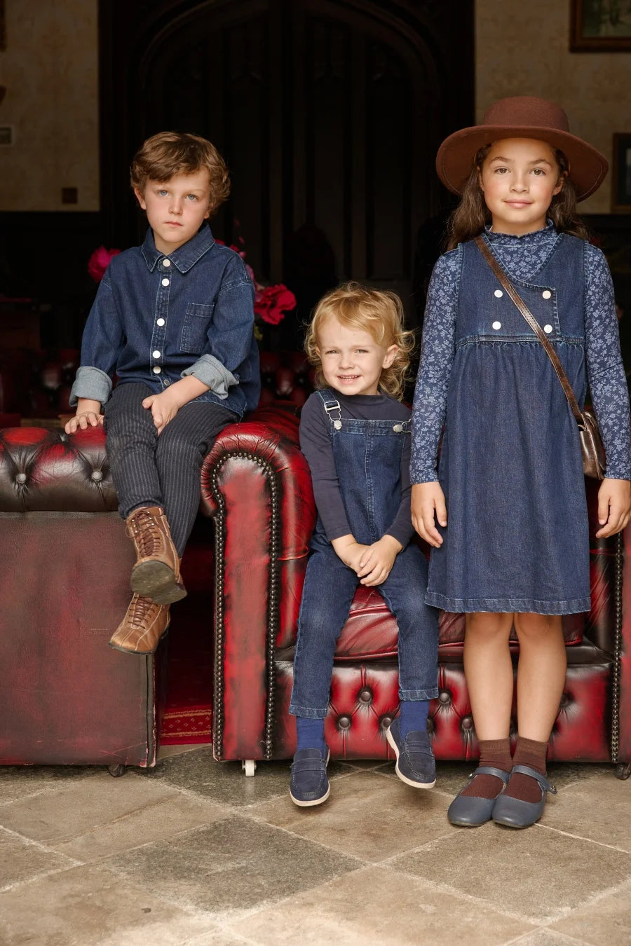 Kids Matching Varsity Outfits, Navy Embroidered Tops, Denim Skirts and Dresses for Babies, Boys and Girls, Sibling Photos and Fall Layering
