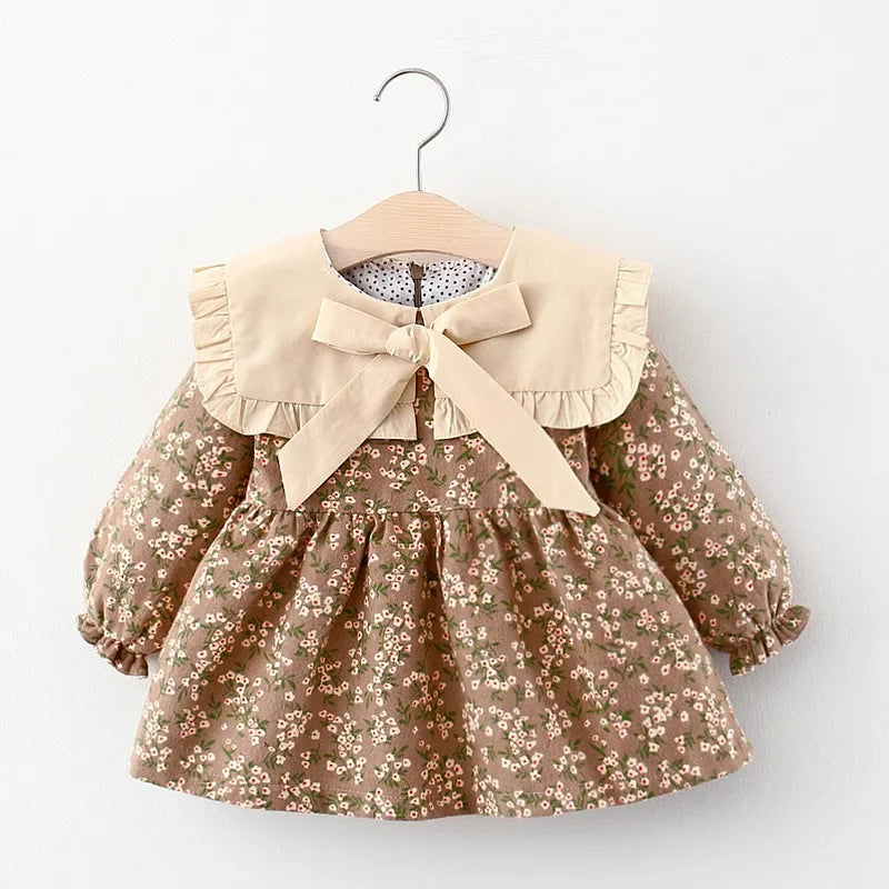 Baby Girl Floral Long Sleeve Dress with Ruffle Collar and Bow, Spring and Fall Outfit for Birthdays and Family Photos, Sizes 9 Months to 3 Years