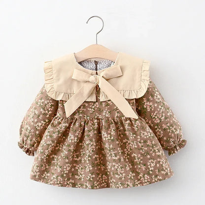 Baby Girl Floral Long Sleeve Dress with Ruffle Collar and Bow, Spring and Fall Outfit for Birthdays and Family Photos, Sizes 9 Months to 3 Years