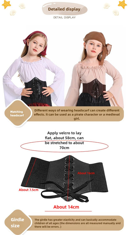 Girls Pirate Costume Set with Bell Sleeve Blouse, High-Low Skirt, Head Scarf and Lace-Up Waistband for Halloween and Dress-Up Parties