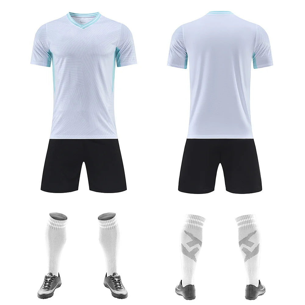 Kids Soccer Training Outfit with Short Sleeve V-Neck Jersey and Shorts, Contrast Trim Sports Clothing Set for Boys and Girls, Youth and Adult Sizes