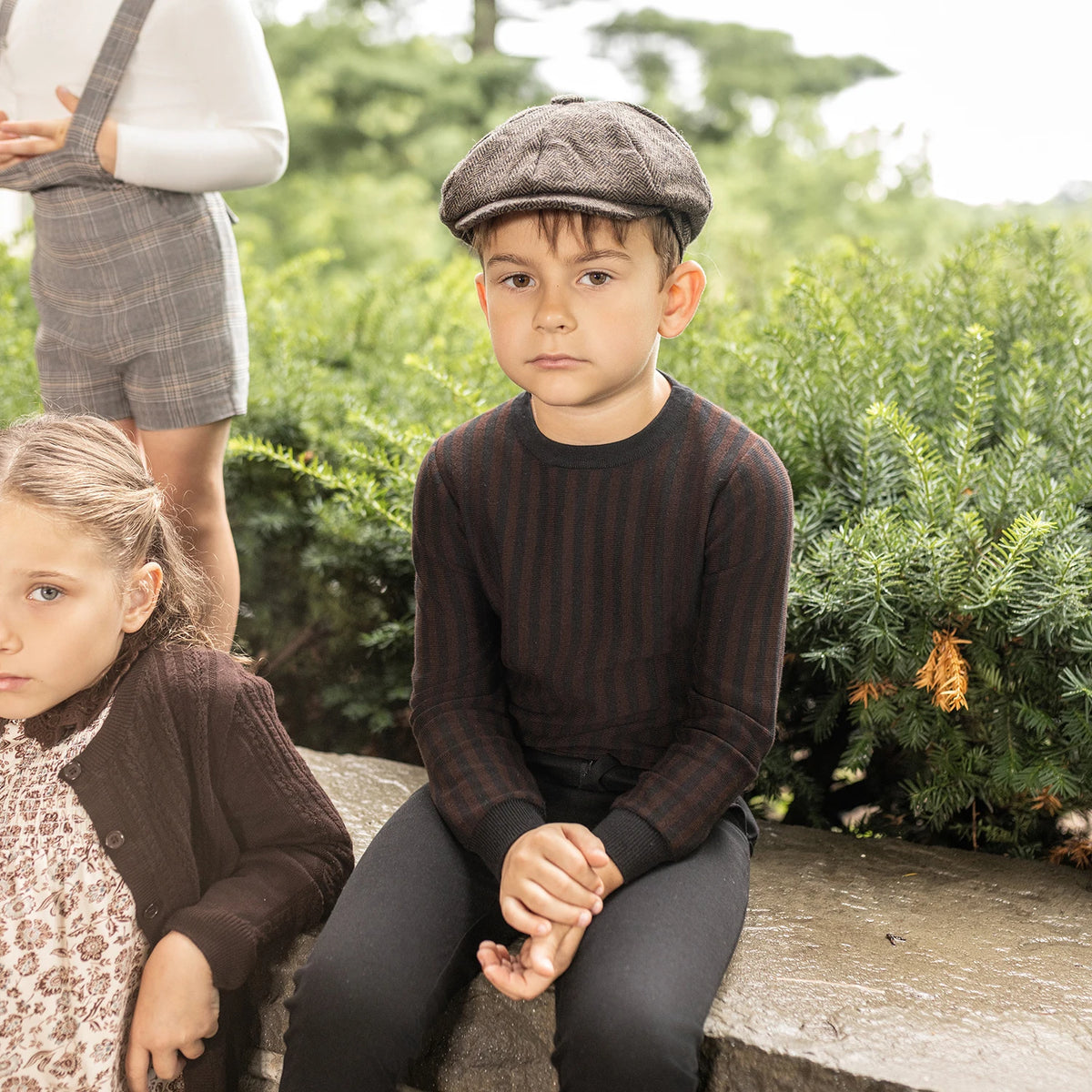 Brown Floral Sibling Matching Outfits with Cotton Girls Dresses and Baby Bloomer Sets, Coordinating Cardigans and Plaid Boys Pants or Overall Shorts