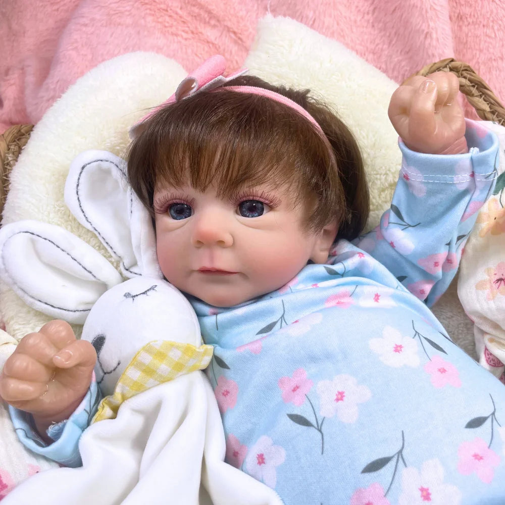 Blue Eyed Reborn Baby Doll Felicia with Hand-Rooted Hair and Soft Cloth Body, 18–19 Inch Vinyl Details, Clothes, Bottle and Random Pacifier