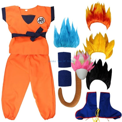 Goku Cosplay Costume for Kids and Adults, Orange Polyester Top and Pants with Belt, Wristbands and Tail, 5/6/7-Piece Dress-Up Options