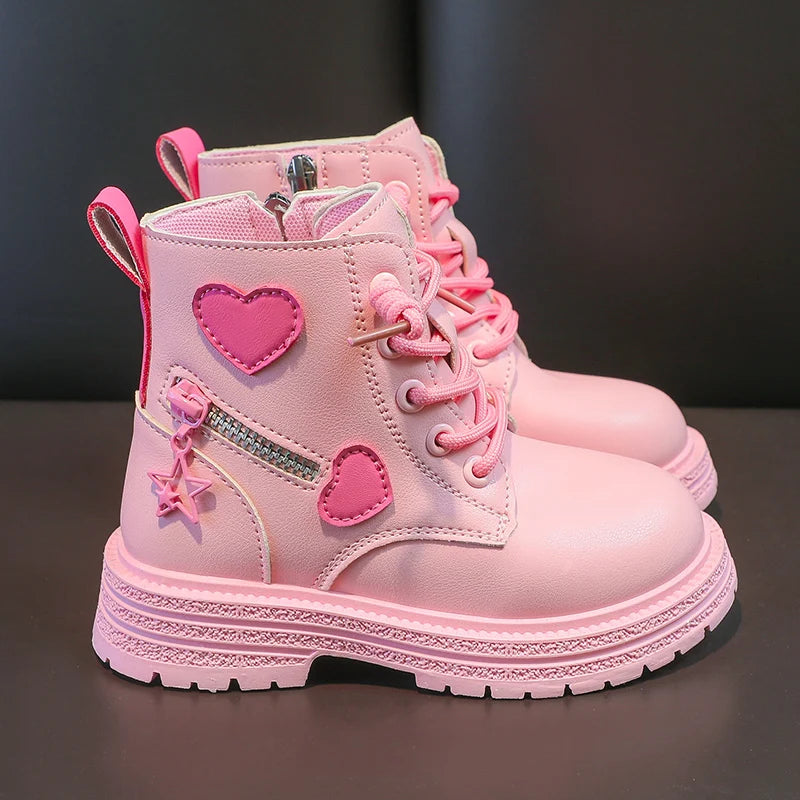 Girls Heart Ankle Boots with Lace-Up Front, Side Zipper and Star Accents, Pink or Black Fashion Shoes with Optional Plush Lining, Sizes 26–37
