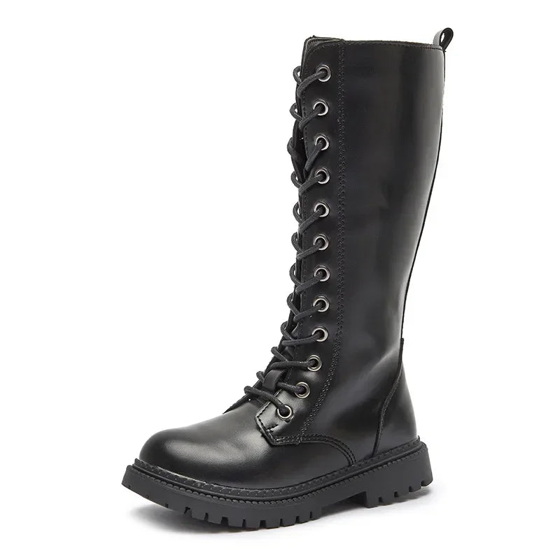 Lace-Up Knee-High Boots for Girls with Side Zippers and Chunky Soles, Black or Beige Motorcycle-Inspired Tall Fashion Shoes, Sizes 27–37