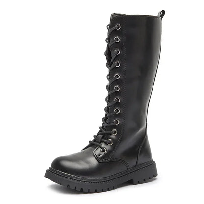 Lace-Up Knee-High Boots for Girls with Side Zippers and Chunky Soles, Black or Beige Motorcycle-Inspired Tall Fashion Shoes, Sizes 27–37