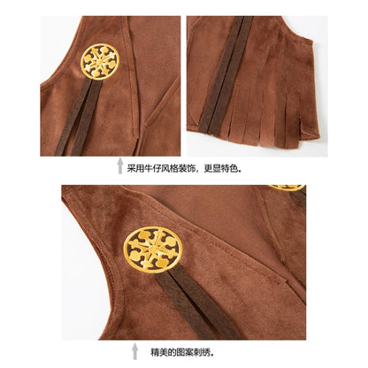 Girls Cowgirl Costume Set with Brown Fringe Vest, Cow-Print Skirt, Hat and Bandana, Western Dress-Up Outfit for Halloween and Birthday Parties