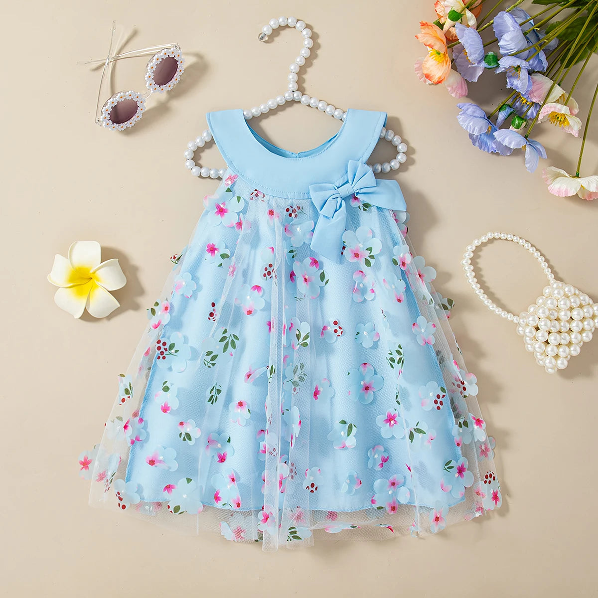 Baby Girl Floral Mesh Dress with Bow, Sleeveless Party Dress in Infant and Toddler Sizes for Birthdays, Family Photos and Summer Celebrations